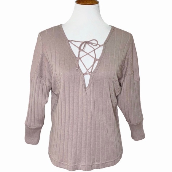 Free People Tops - Free People Tie Neck Ribbed Dolman Henley Knit Top